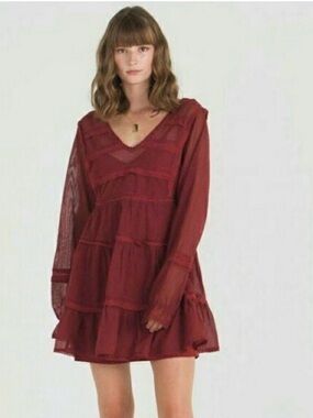 Free People Burgundy Mesh Tiered Babydoll boho Mini Dress Size XS